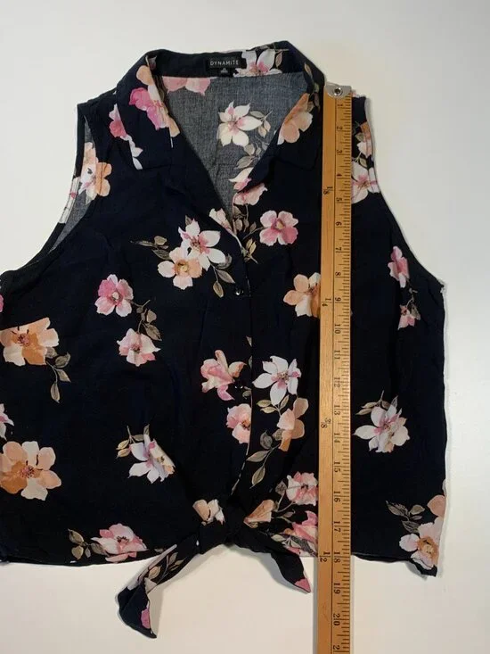 Dynamite Floral Sleeveless Blouse Tie Front Black Pink Boho Button Tank Size M - Picture 3 of 8
